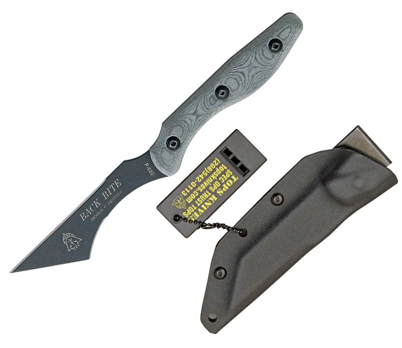 TOPS Back Bite Fixed Knife 4" Black Traction Coating 1095 Carbon Steel Blade Gray Linen Micarta Onlay Handle BBITE01 -TOPS - Survivor Hand Precision Knives & Outdoor Gear Store