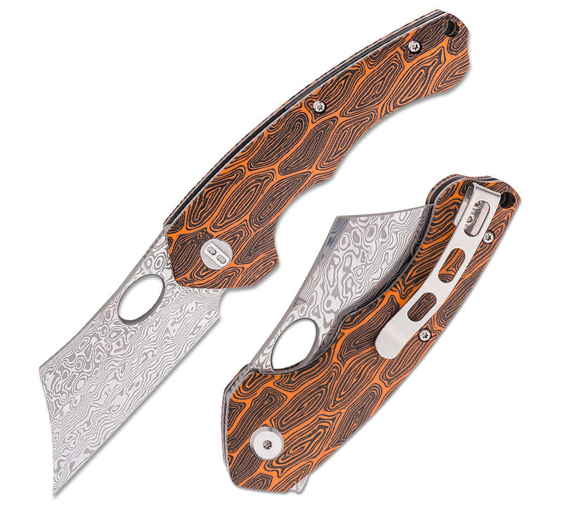 Bestech Knives Skirmish Linerlock Folding Knife 3.25" Damascus Steel Modified Cleaver Blade Orange / Black Damascus G10 Handle L07D -Bestech Knives - Survivor Hand Precision Knives & Outdoor Gear Store