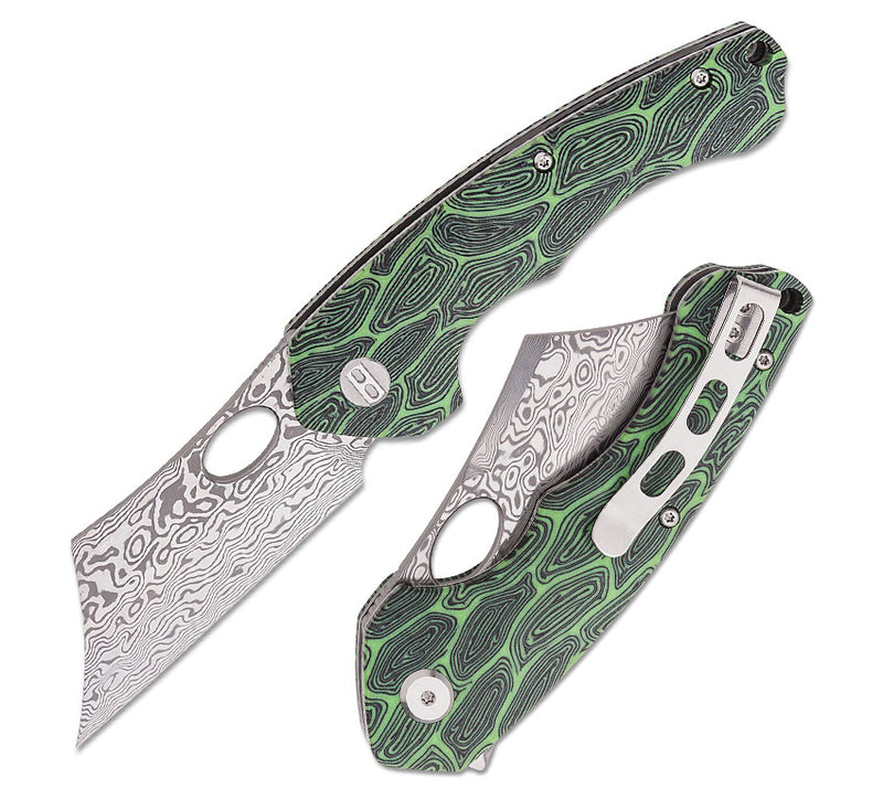 Bestech Knives Skirmish Linerlock Folding Knife 3.25" Damascus Steel Modified Cleaver Blade Green / Black Damascus G10 Handle L07C -Bestech Knives - Survivor Hand Precision Knives & Outdoor Gear Store