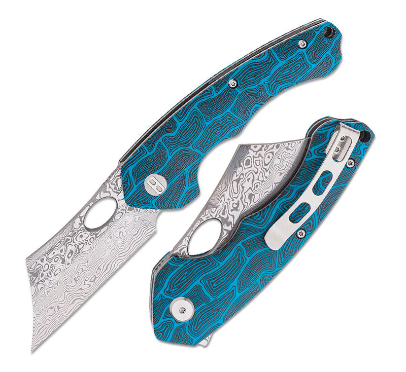 Bestech Knives Skirmish Linerlock Folding Knife 3.25" Damascus Steel Modified Cleaver Blade Blue / Black Damascus G10 Handle L07B -Bestech Knives - Survivor Hand Precision Knives & Outdoor Gear Store