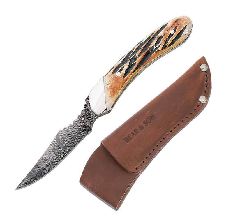 Bear & Son Caper Fixed Knife 3" Damascus Steel Clip Point / Full Tang Blade India Stag Bone Handle 5009D -Bear & Son - Survivor Hand Precision Knives & Outdoor Gear Store