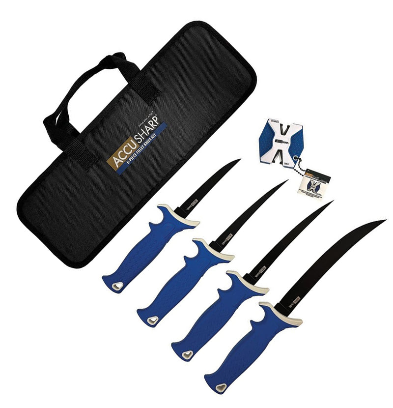 AccuSharp Six Piece Fillet Knife Kit Titanium Coated Stainless Steel Blades Non-Slip Grip / TPR Handles With Sharpener Included 737C -AccuSharp - Survivor Hand Precision Knives & Outdoor Gear Store