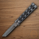 Bear & Son Butterfly Folding Knife 3.25" Damascus  Steel Blade Silver Metal Handle