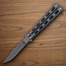 Bear & Son Butterfly Folding Knife Damascus Steel Blade Galaxy Silver Metal Handle