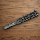 Bear & Son Armour Piercing Butterfly Folding Knife 3.38" Damascus Steel Blade Black Zinc Handle