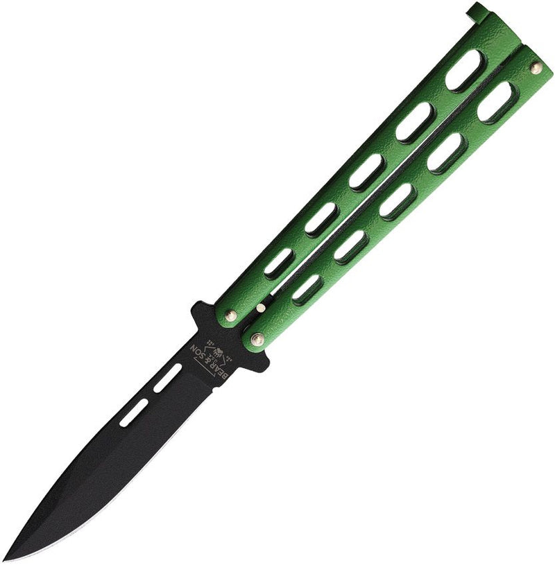 Bear & Son Butterfly Folding Knife 3.5" Black Powder Coated Stainless Steel Blade Green Zinc Handle 115GR -Bear & Son - Survivor Hand Precision Knives & Outdoor Gear Store