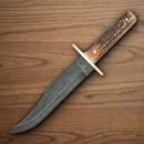 Bear & Son Bowie Fixed Knife 7.5" Damascus Steel Blade India Stag Bone Handle