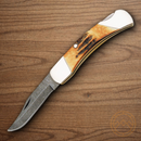 Bear & Son Midsize Folding Knife Damascus Steel Blade India Stag Bone Handle
