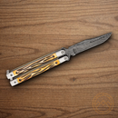 Bear & Son Butterfly Folding Knife 3.27" Damascus Steel Blade Elk Stag Handle
