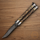 Bear & Son Butterfly Folding Knife 3.27" Damascus Steel Blade Elk Stag Handle