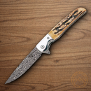 Bear & Son Rancher Folding Knife 3.38" Damascus Steel Blade India Stag Bone Handle
