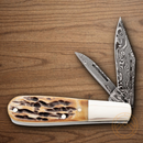 Bear & Son Baby Barlow Pocket Knife Damascus Steel Blade India Stag Bone Handle