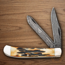 Bear & Son Trapper Pocket Knife Damascus Steel Blades India Stag Bone Handle