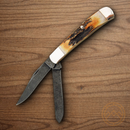 Bear & Son Trapper Pocket Knife Damascus Steel Blades India Stag Bone Handle