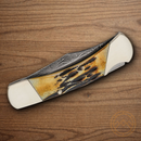 Bear & Son Hunter Folding Knife Damascus Steel Blade India Stag Bone Handle
