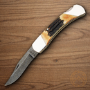 Bear & Son Hunter Folding Knife Damascus Steel Blade India Stag Bone Handle