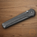 Bear & Son Stiletto Folding Knife 3.25" Damascus Steel Blade Black Carbon Fiber Handle.