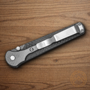 Bear & Son Stiletto Folding Knife 3.25" Damascus Steel Blade Black Carbon Fiber Handle.