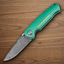 Boker Mach-1 Folding Knife 3.25" Damascus Steel Blade Green Aluminum Handle