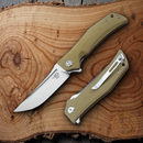 Bestech Knives Scimitar Liner Folding Knife 3.75" D2 Tool Steel Blade Tan G10 Handle