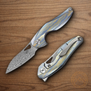 Bestech Knives The Reticulan Folding Knife 2" Damascus Steel Blade Blue/Gold Titanium Handle
