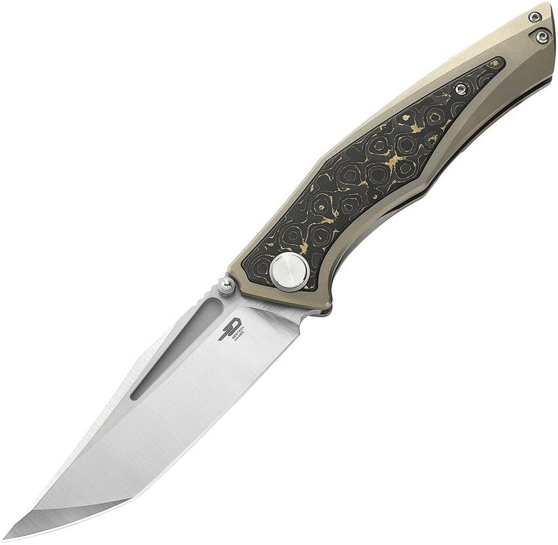 Bestech Knives Togatta Framelock Folding Knife 3.75" Bohler M390 Steel Tanto Blade Bronze Titanium / Damascus Copper Carbon Fiber Inlay Handle T2102G -Bestech Knives - Survivor Hand Precision Knives & Outdoor Gear Store