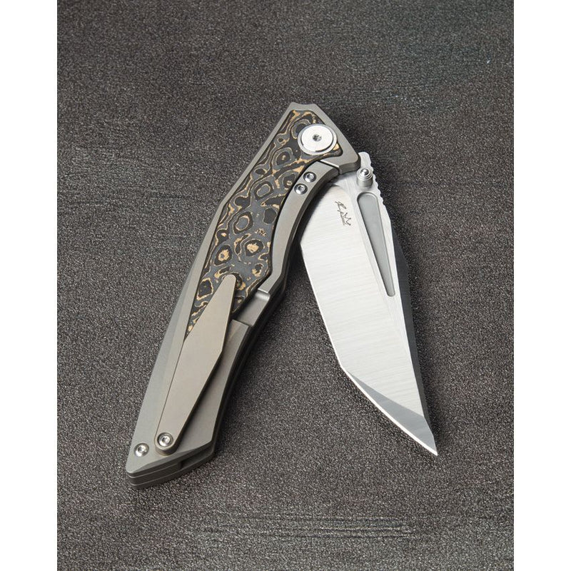 Bestech Knives Togatta Framelock Folding Knife 3.75" Bohler M390 Steel Tanto Blade Bronze Titanium / Damascus Copper Carbon Fiber Inlay Handle T2102G -Bestech Knives - Survivor Hand Precision Knives & Outdoor Gear Store