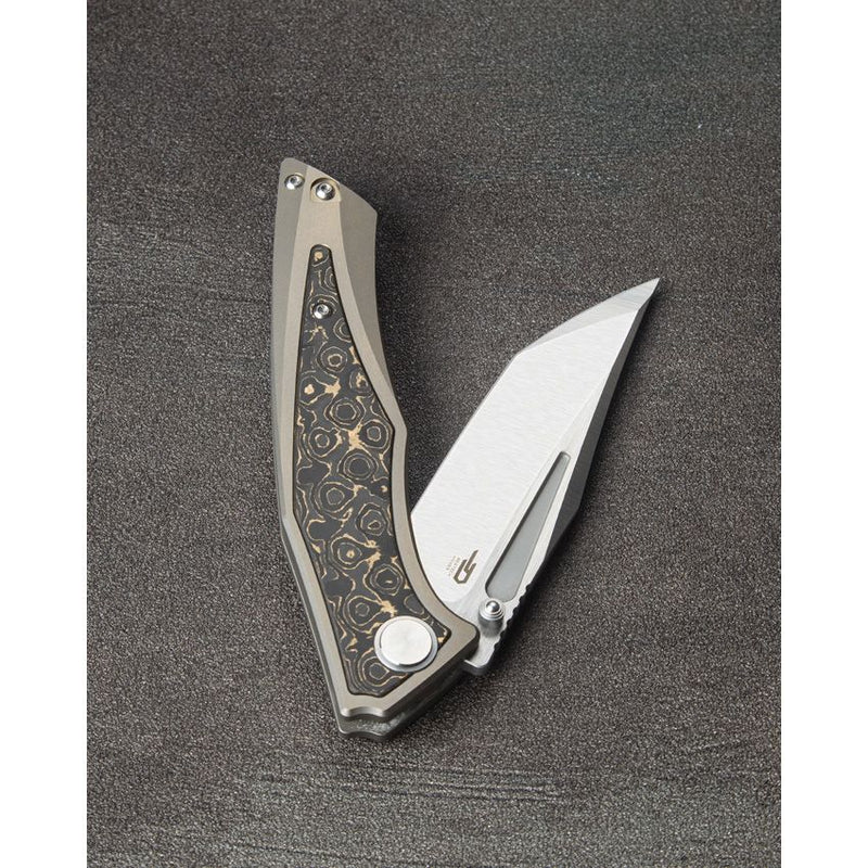 Bestech Knives Togatta Framelock Folding Knife 3.75" Bohler M390 Steel Tanto Blade Bronze Titanium / Damascus Copper Carbon Fiber Inlay Handle T2102G -Bestech Knives - Survivor Hand Precision Knives & Outdoor Gear Store