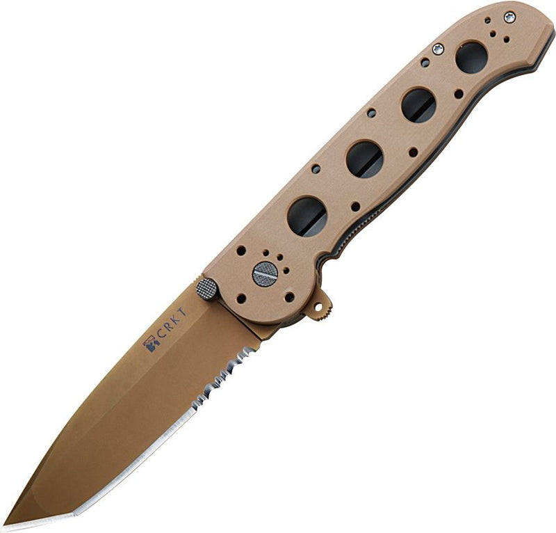 CRKT M16 Big Dog Liner Folding Knife 3.99" Desert Tan TiNi Coated Part Serrated AUS-8 Steel Extended Tang Tanto Blade Aluminum Handle 14D -CRKT - Survivor Hand Precision Knives & Outdoor Gear Store