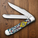 Case XX Trapper Pocket Knife Stainless Steel  Blades Stained Glass Color Wash Natural Bone Handle