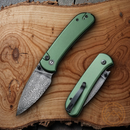 Civivi Qubit Folding Knife 3" Damascus Steel Drop Blade Green Aluminum Handle