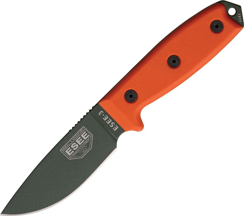 ESEE Model 3 Standard Edge Fixed Knife 3.75" OD Green Powder Coated 1095HC Steel Full / Extended Tang Blade Orange G10 Handle 3PKOOD -ESEE - Survivor Hand Precision Knives & Outdoor Gear Store