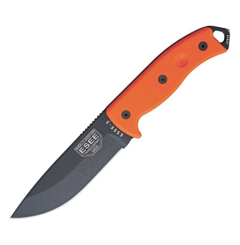 ESEE Model 5 Fixed Knife 5.25" Black Powder Coated 1095HC Steel Full / Extended Tang Blade Orange G10 Handle 5POR -ESEE - Survivor Hand Precision Knives & Outdoor Gear Store