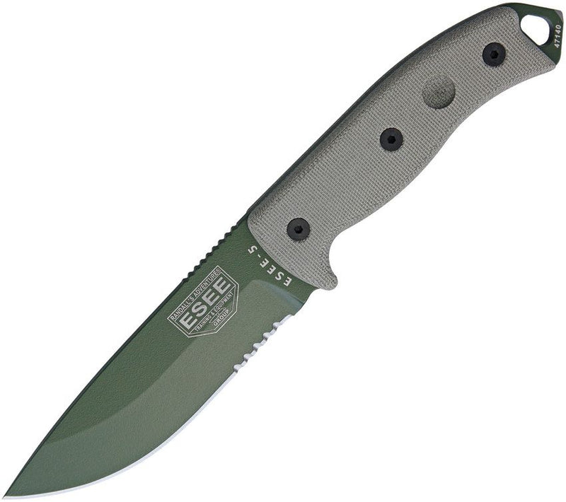 ESEE Model 5 Fixed Knife 5.25" Powder Coated Part Serrated Carbon Steel Full / Extended Tang Blade OD Green Canvas Micarta Handle 5SKOOD -ESEE - Survivor Hand Precision Knives & Outdoor Gear Store