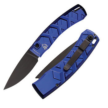 Piranha Knives X Tactical Folding Automatic Knife 3.25" Black Oxide Coated 154CM Steel Blade Blue Aluminum Handle 14BT -Piranha Knives - Survivor Hand Precision Knives & Outdoor Gear Store