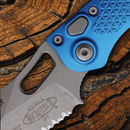 Microtech Auto Stitch S/E Folding Knife 3.75" Partial Serrated Premium Steel Blade Blue Aluminum Handle