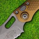 Microtech Auto Stitch S/E Folding Knife 3.75" Partial Serrated Premium Steel Blade Tan Aluminum Handle