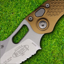 Microtech Auto Stitch S/E Folding Knife 3.75" Serrated Premium Steel Blade Tan Aluminum Handle
