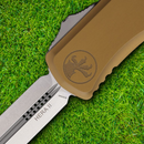 Microtech Auto Hera II Folding Dagger 4" Double Edge Bohler M390MK Steel Blade Tan Aluminum Handle