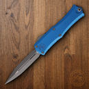 Microtech Auto Hera II Folding Dagger 3" Double Edge Bohler M390MK Steel Blade Blue Aluminum Handle