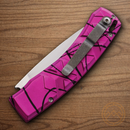 Piranha Knives Auto X Folding Knife 3.25" 154CM Steel Blade Pink Camo Aluminum Handle.