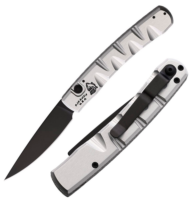 Piranha Knives Virus Tactical Folding Automatic Knife 3.25" Black DLC Coated CPM S30V Steel Blade Silver Sculpted Aluminum Handle 15ST -Piranha Knives - Survivor Hand Precision Knives & Outdoor Gear Store