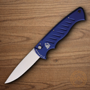 Piranha Knives Auto Folding Knife 3.25" 154CM Steel Blade Blue Aluminum Handle.