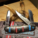 Rough Ryder Old Southwest Sowbelly Pocket Knife Stainless Steel Blades Blue/Red Stone Handle.