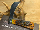 Rough Ryder Hawkbill Folding Knife Stainless Steel Blade Brown Stag Bone Handle.
