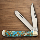 Rough Ryder Trapper Pocket Knife Stainless Steel Blades Amber Turquoise Stone Handle