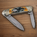 Rough Ryder Canoe Pocket Knife Damascus Steel Blades Cinnamon Stag Bone Handle.
