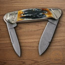 Rough Ryder Canoe Pocket Knife Damascus Steel Blades Cinnamon Stag Bone Handle.