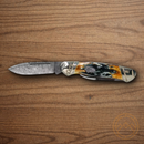 Rough Ryder Canoe Pocket Knife Damascus Steel Blades Cinnamon Stag Bone Handle.