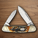 Rough Ryder Canoe Pocket Knife Damascus Steel Blades Cinnamon Stag Bone Handle.
